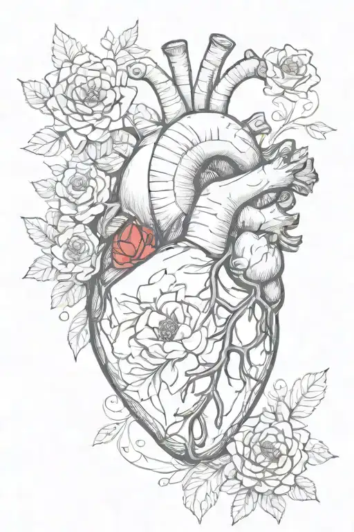 Anatomical heart with flowers intertwined with red ink tattoo design idea