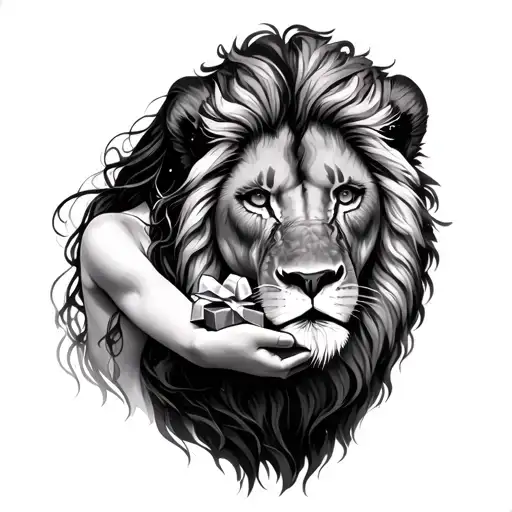 girl presenting gift to lion tattoo design idea