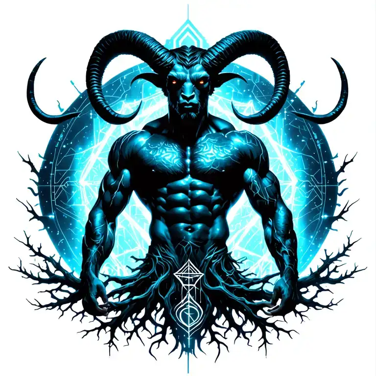 sexy gay male horned satyr with massive bodybuilder muscles flex. cyber tree roots, wild animals and constellations tattoo design idea