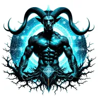 sexy gay male horned satyr with massive bodybuilder muscles flex. cyber tree roots, wild animals and constellations tattoo design idea