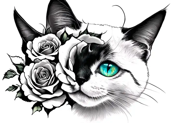 all white cat green eye blue eye black roses tattoo design idea