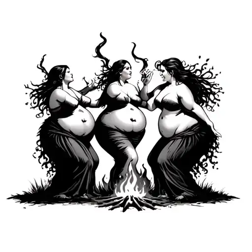 Four fat beautiful wild women dancing around a fire in a dark forest. Gothic and mystical atmosphere. wild women caress tattoo design idea