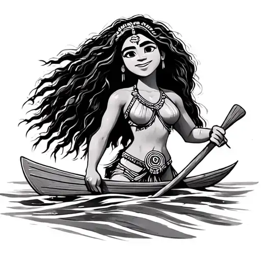 A sketch of a tattoo on the cartoon of Moana where Moana with the oar is depicted tattoo design idea