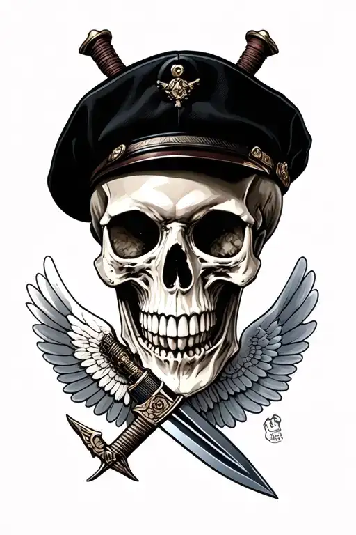 skull with black military beret, piercing dagger with wings tattoo design idea