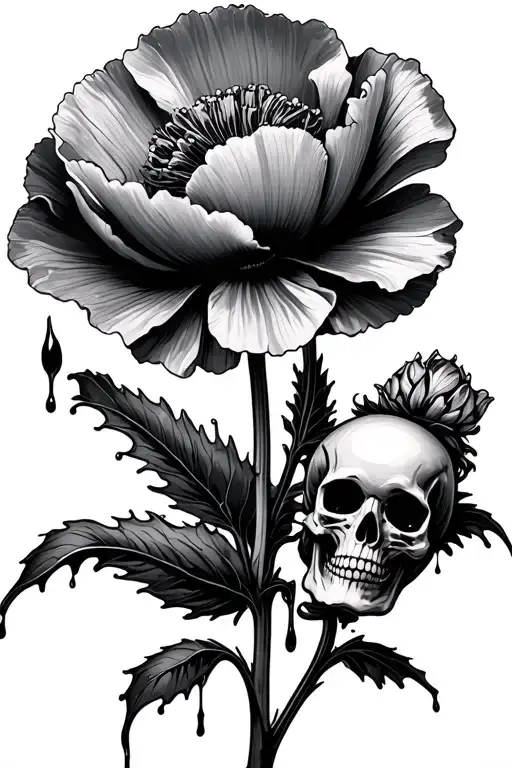 Opium poppy flower fully bloomed with one pod beside it that has a skull in it and is dripping black nectar  tattoo design idea