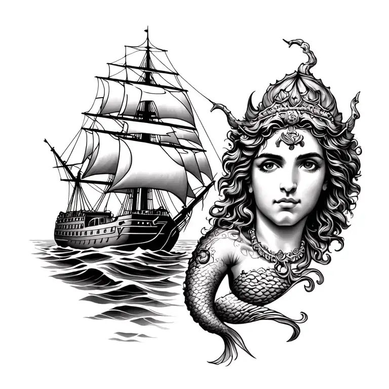 hest tattoo with tall ship in middle, tatterted sails, rough condition, mermaid on right side, king neptune on left side tattoo design idea