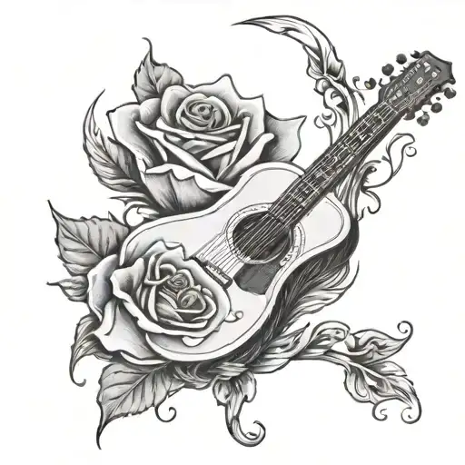 guitar with a rose instead of the neck of an acoustic guitar with hands playing on it tattoo design idea