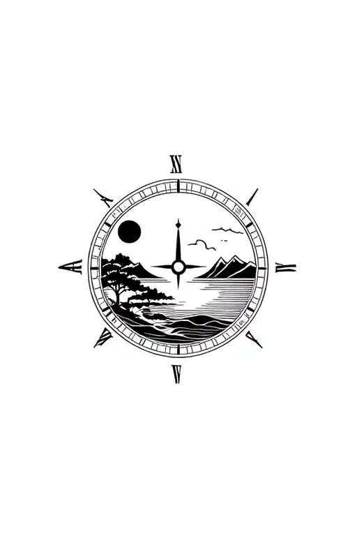 japanese frame style with time compass tree sea mountains sun tattoo design idea