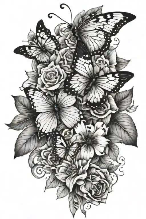 florals, cross, butterfly sleeve tattoo design idea