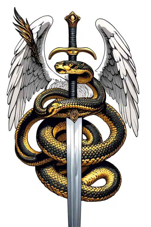 Arch Angel Michael crushing snake wrapped around sword tattoo design idea
