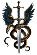 Arch Angel Michael crushing snake wrapped around sword tattoo design idea