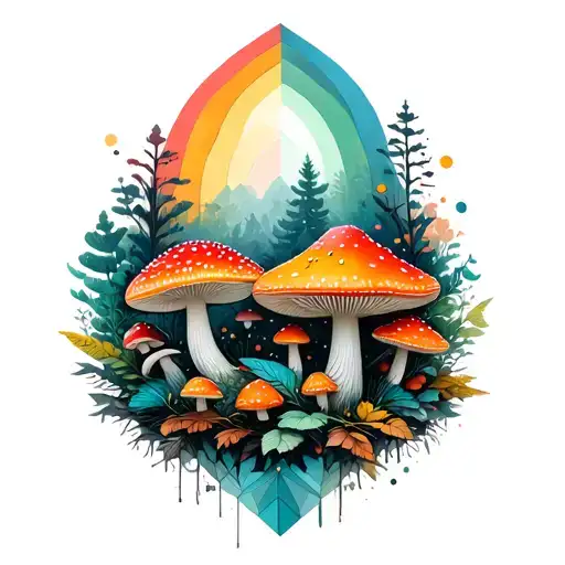 geometric forest and amanita mushrooms geometric mandala rainbow background black lines tattoo design idea