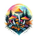 geometric forest and amanita mushrooms geometric mandala rainbow background black lines tattoo design idea