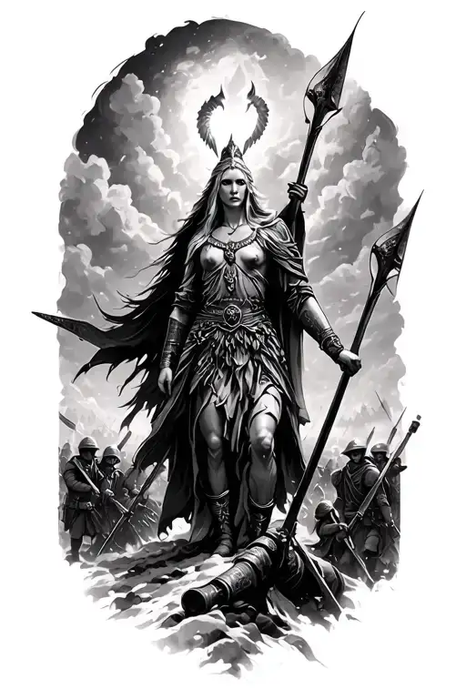 freya norse god overlooking a battlefield scene with soldiers tattoo design idea
