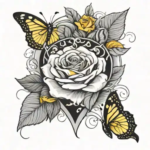 Heart with butterfly flying and yellow rose intertwined name LeMonn tattoo design idea