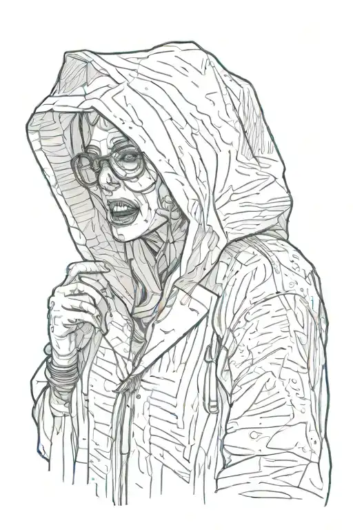 cuckoo horror movie villains, hooded woman, distended jaw, glasses, 2024 horror film, rain coat, full body, open mouth, tattoo design idea