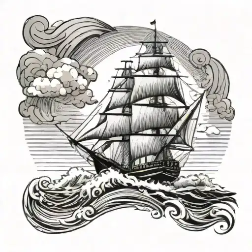 portuguese explorer ship withsailing in a storm with rough waves and clouds with sunbeams shining through in monochrome. tattoo design idea