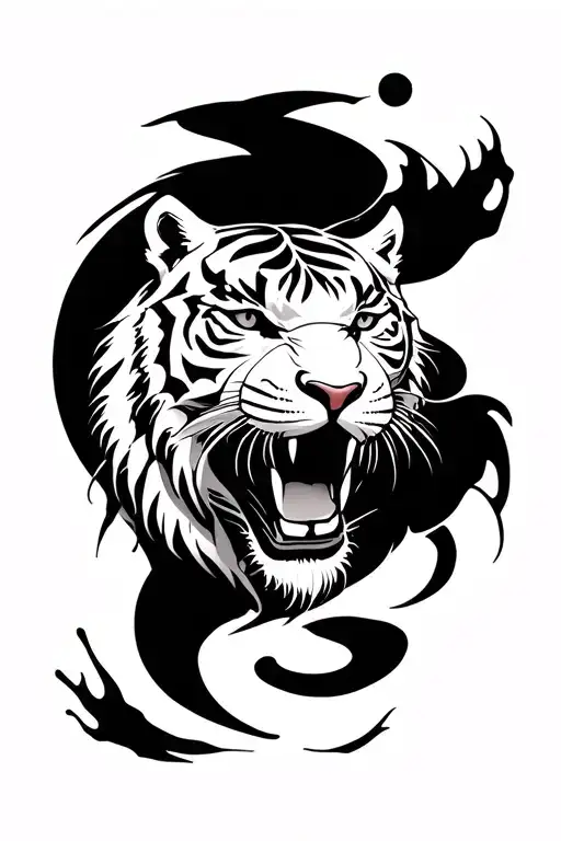 A stylized depiction of the White Tiger as a symbol of strength and protection, with a modern twist that reflects the client's appreciation for Chinese mythology and the autumn season, in a black-grey style tattoo design idea
