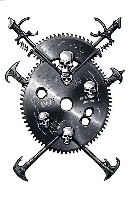 only 3 Circular saws stacked in a triangle formation and engraved with skulls and 2 metal pike poles crossed behind them tattoo design idea