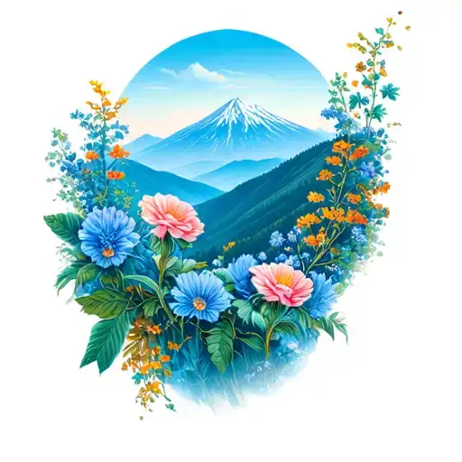 Blue ridge mountain range, florals in the foreground tattoo design idea