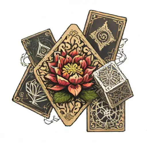 5 magic the gathering land cards with a wooden die in the middle and two black lotus on the side tattoo design idea
