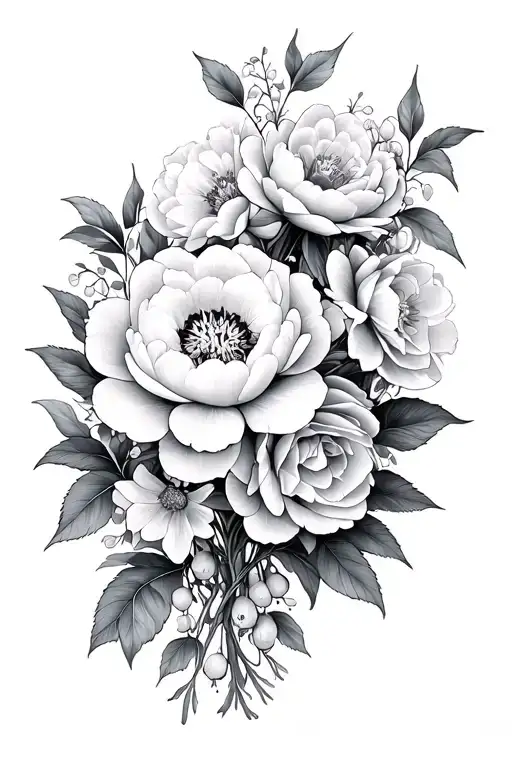 peony, wisteria, cherry blossom, rose bouquet tattoo design idea