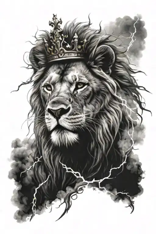 lion with crown of thorns with cross over one eye and a scar over the other with lightning clouds in the background  tattoo design idea