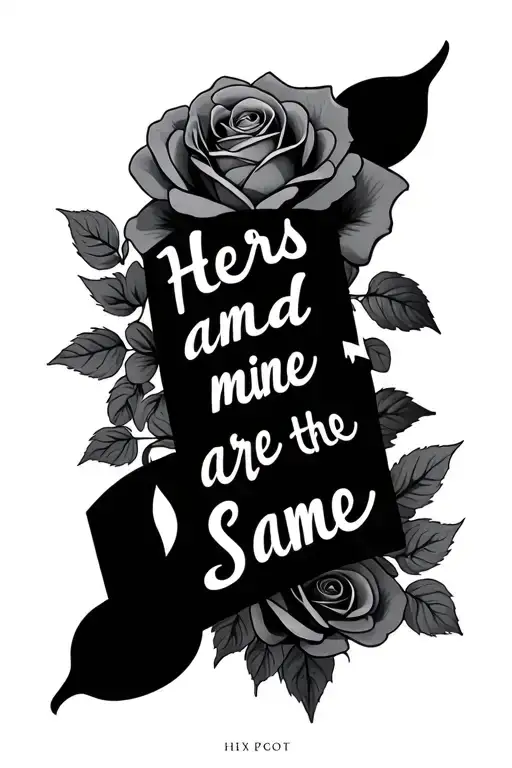 "Hers and mine are the same" music note intertwined with roses blooming tattoo design idea