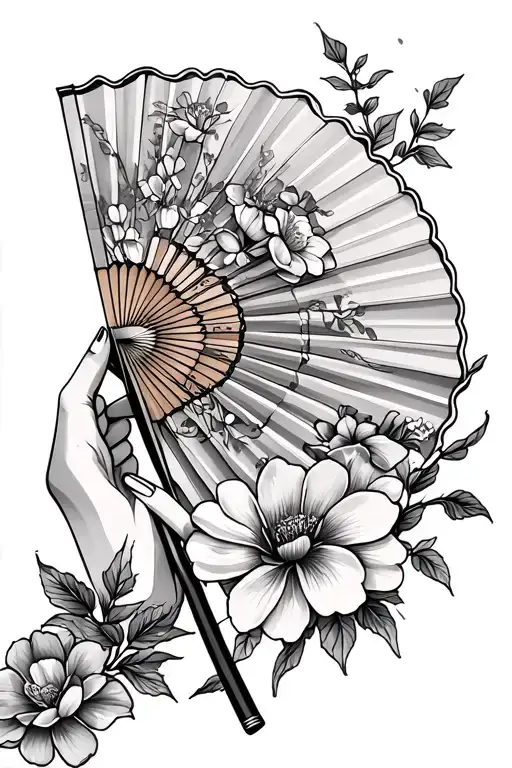 floral tattoo with a small floral Japanese fan holding tattoo design idea