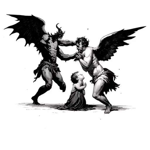 An male demon fighting with an male angel above a crying small kid which is located in the middle of them and the backgr tattoo design idea