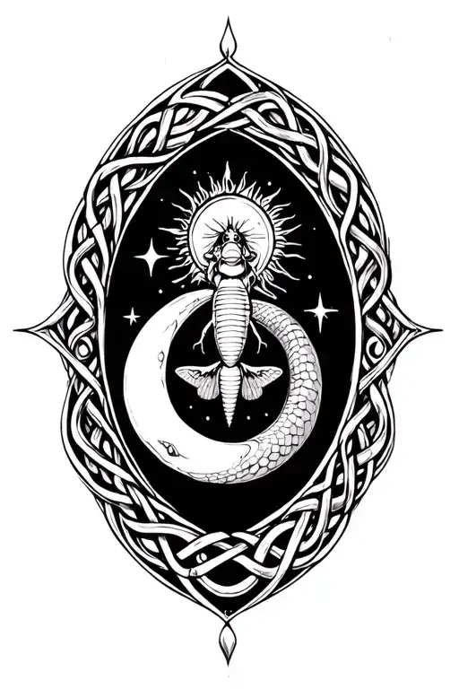 hour glass moon sun stars snake Celtic knot moth tattoo design idea