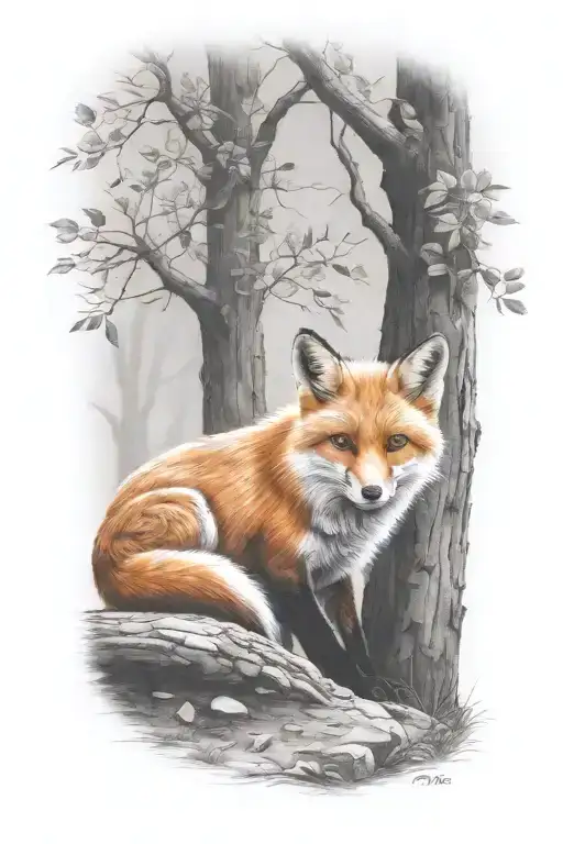 fox sitting under a tree tattoo design idea