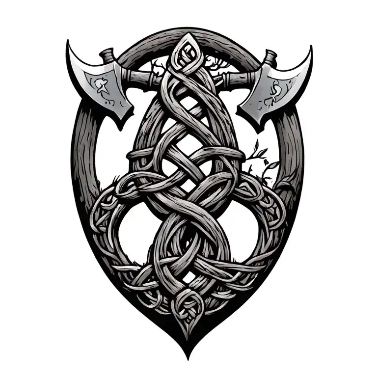 tree of life with Celtic knot intertwined with no oden and Viking axes tattoo design idea