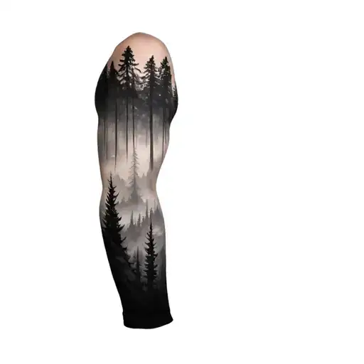 faded dark forest landscape foggy forest sleeve tattoo design idea