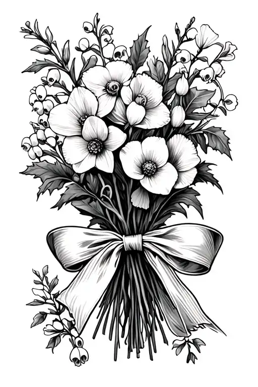 DAFFODIL,POPPY,HOLLY TREE AND LILLY OF THE VALLEY FLOWER IN TINY BOUQET WRAPPED IN SINGLE STRING RIBBON tattoo design idea