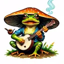 Toad sitting on a magic mushroom, smoking a pipe, playing a banjo tattoo design idea