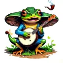 Toad sitting on a magic mushroom, smoking a pipe, playing a banjo tattoo design idea