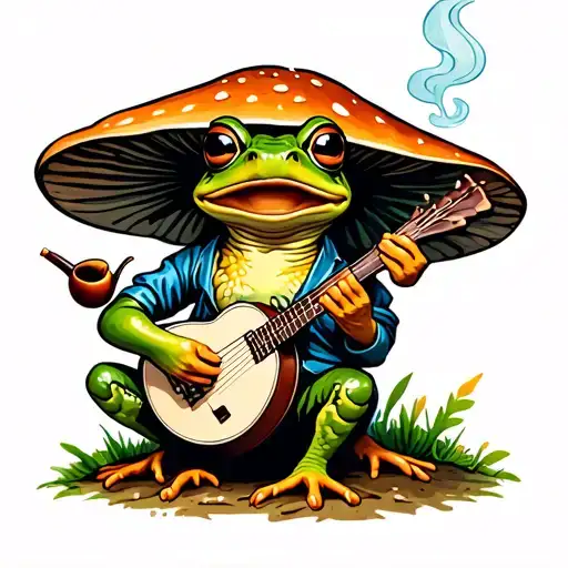 Toad sitting on a magic mushroom, smoking a pipe, playing a banjo tattoo design idea