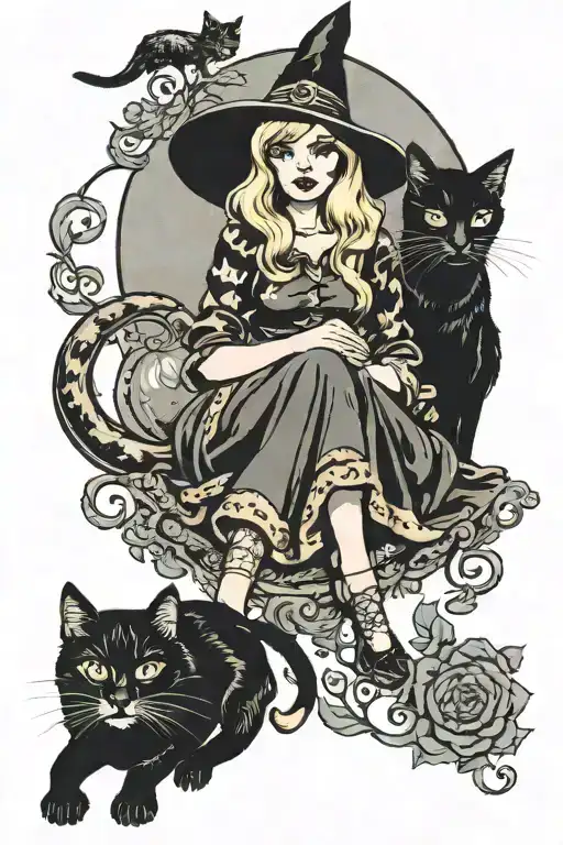 blonde witch with black cat sitting tattoo design idea