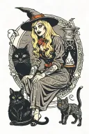 blonde witch with black cat sitting tattoo design idea