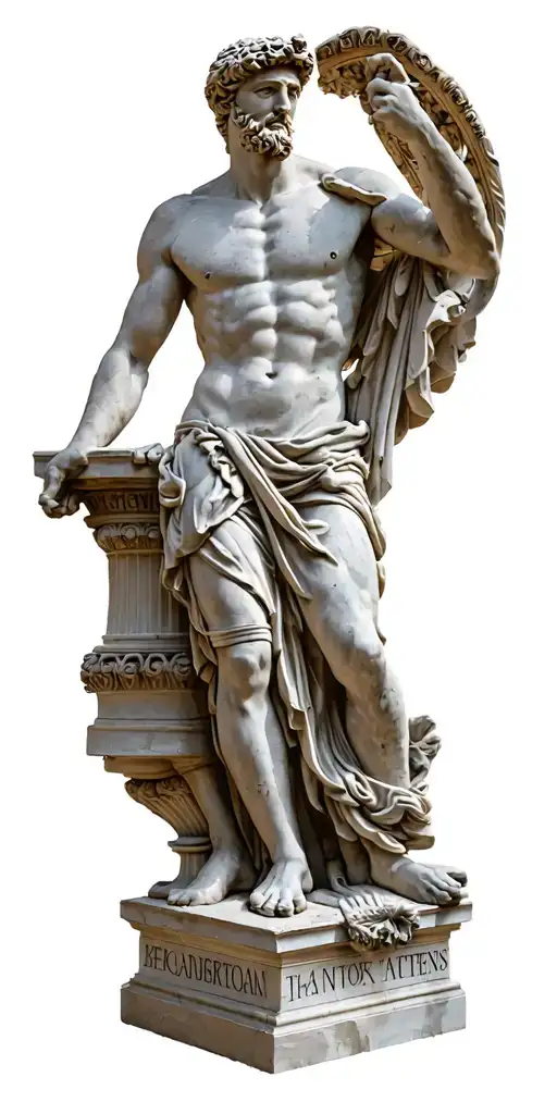 Antique statues, beautifully falling light, columns and inscriptions on Greek. Statues of Athens, Ares, Zeus tattoo design idea