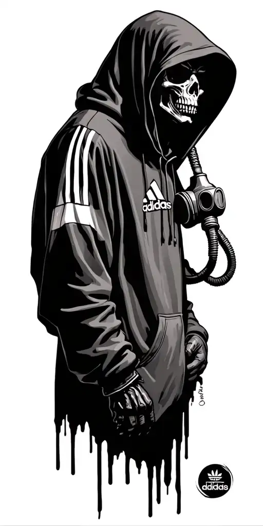 grim reaper wearing an Adidas hoody and holding a gas mask tattoo design idea