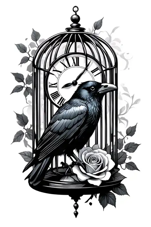 raven on open cage, clock, rose intertwined, cracks tattoo design idea