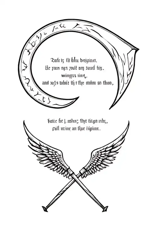 Crossed scythe and flail, wings begind them, text on top and bottom of design. tattoo design idea