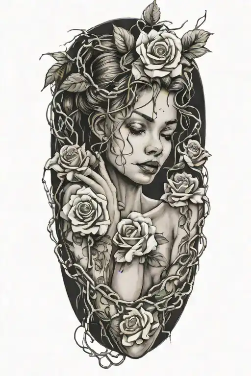 Naked girl, intertwined roots growing from chains on wrist, roses with sharp vines tattoo design idea