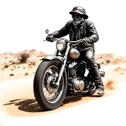 old biker on a Harley Davidson with black and grey shading with a desert in the background  tattoo design idea