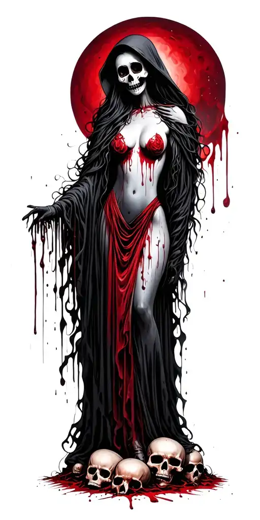 topless female grim reaper full body with a sugar skull painted face standing on a pile of bloody skulls tattoo design idea