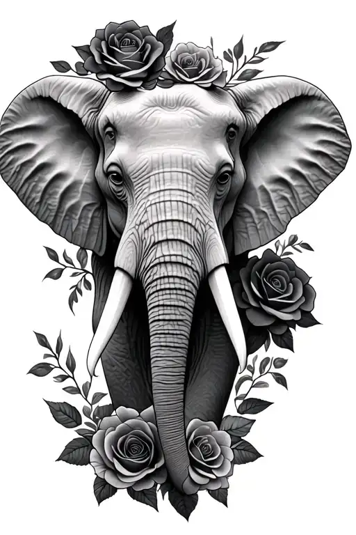 Elephant head surrounded with black roses tattoo design idea