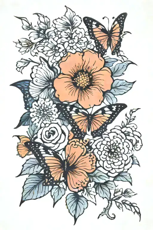 Japanese flowers with butterflies tattoo design idea