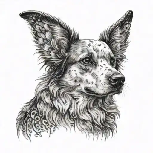 A dotwork portrait of a dog with angel wings symbolizing the dogs you've rescued tattoo design idea